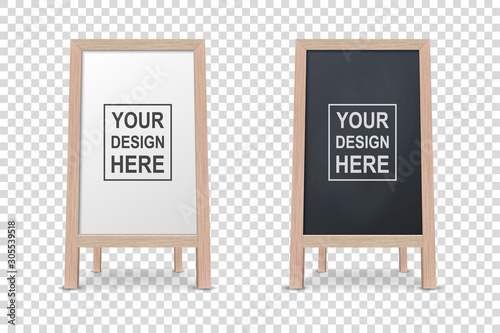 Vector 3d Realistic Blank White and Black Wooden Board for Restaurant Menu Icon Set Closeup Isolated. Advertising Street Sandwich Stand, Sidewalk Sign. Chalkboard for Cafe, Design Template, Mockup