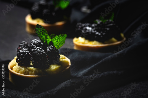Homemade small cake with blackberry and delicious cream of vanilla and mint on dark background
