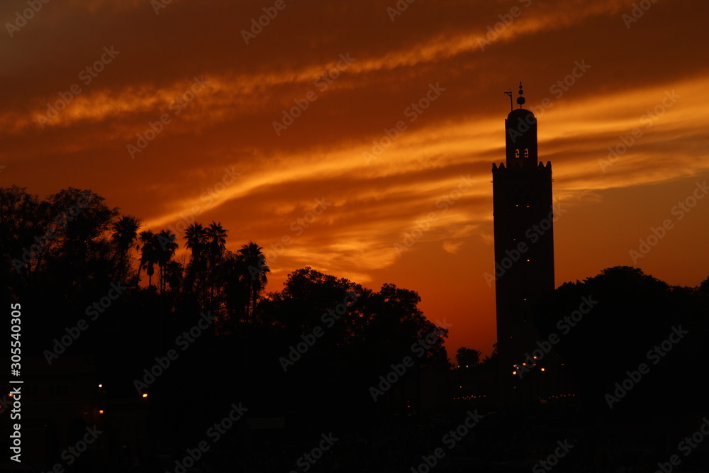 Sunset at night market in Marrakech square
