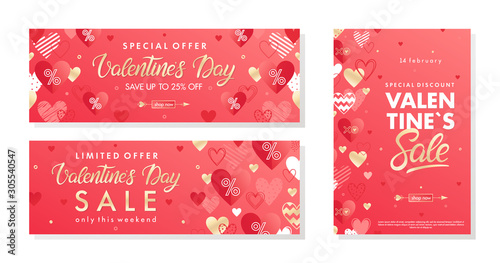 Bundle of Valentines Day special offer banners with golden hearts.Horizontal and vertical sale templates perfect for prints, flyers, banners, promotions, special offers .Vector Valentines promos.