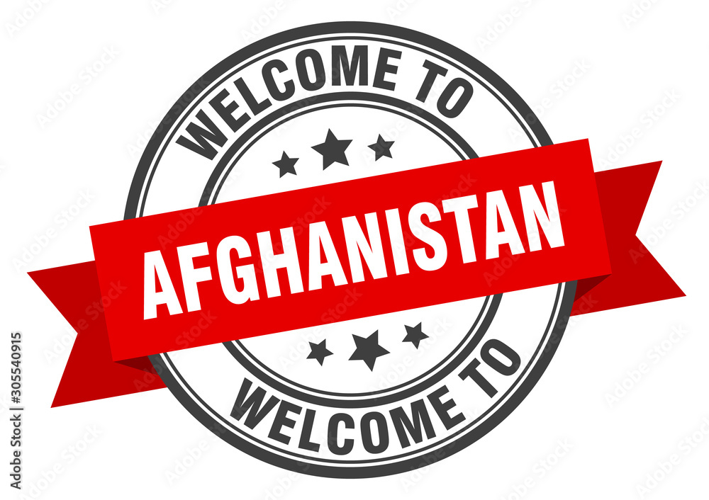 Afghanistan stamp. welcome to Afghanistan red sign
