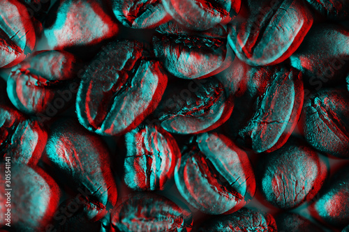 a scattering of coffee beans for the background illuminated with neon