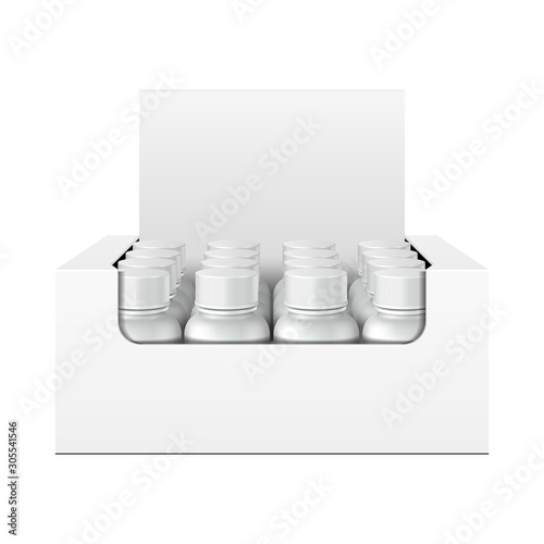 Mockup Display Holder Box Cardboard Filled Blank With Bottles, Cans, Jars. Vitamins, nutritional supplements, Cosmetic. Mock Up, Template. Products On White Background Isolated. Mockup Packing.