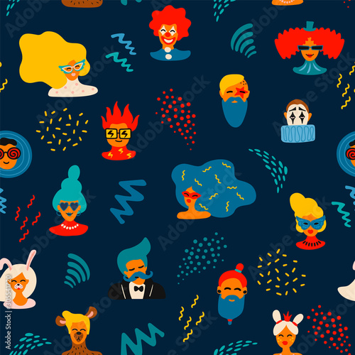 Fototapeta Naklejka Na Ścianę i Meble -  Vector seamless pattern with funny male and female faces in bright masks and costumes