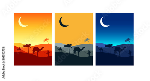 Man with camel under the Moon in a desert. Muslim holy festival. Ready made brochure, magazine, book cover, poster, banner & fayer design on three different color theme.  Ramadan, islam, sunni, arab. photo
