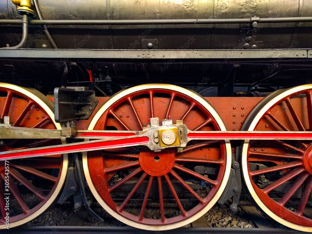 side view of three wheels of an old steam locomotive
