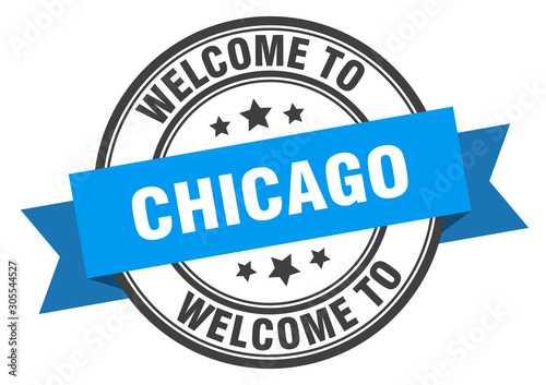 Chicago stamp. welcome to Chicago blue sign