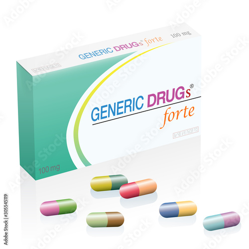 Generic drugs, pills box with colorful capsules. Symbolic for harmful counterfeit pills, risk and danger of cheap or illegal produced and sold pharmaceuticals. Isolated vector on white.