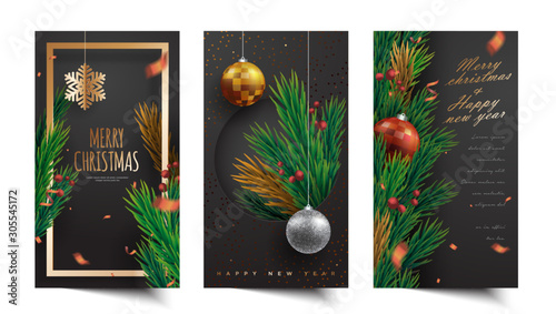 Wallpaper Mural Set of 3d realistic black and gold luxury christmas banner, social media stories, cover, background with decorative shiny christmas ball, cherry, confetti, snowflake, Xmas tree leaf vector Torontodigital.ca