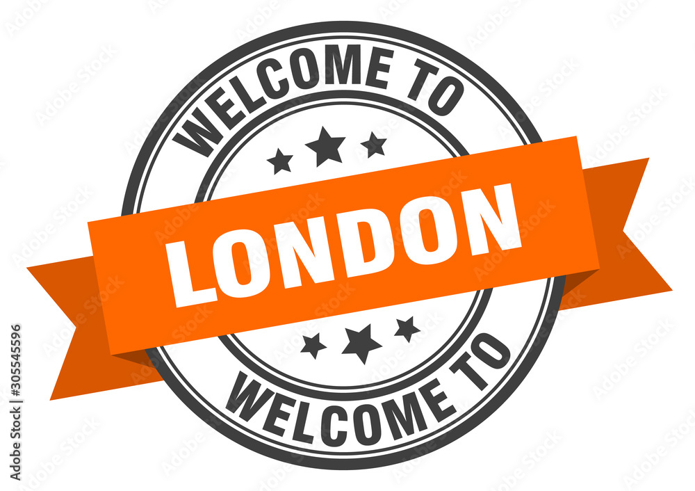 London stamp. welcome to London orange sign