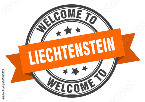 Liechtenstein stamp. welcome to Liechtenstein orange sign