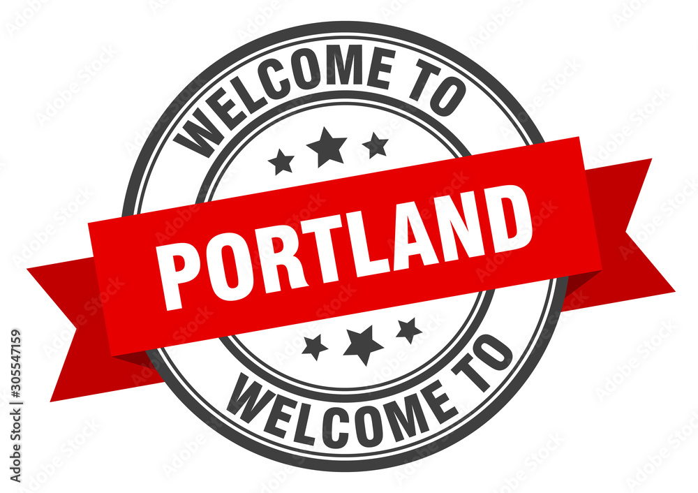 Portland stamp. welcome to Portland red sign