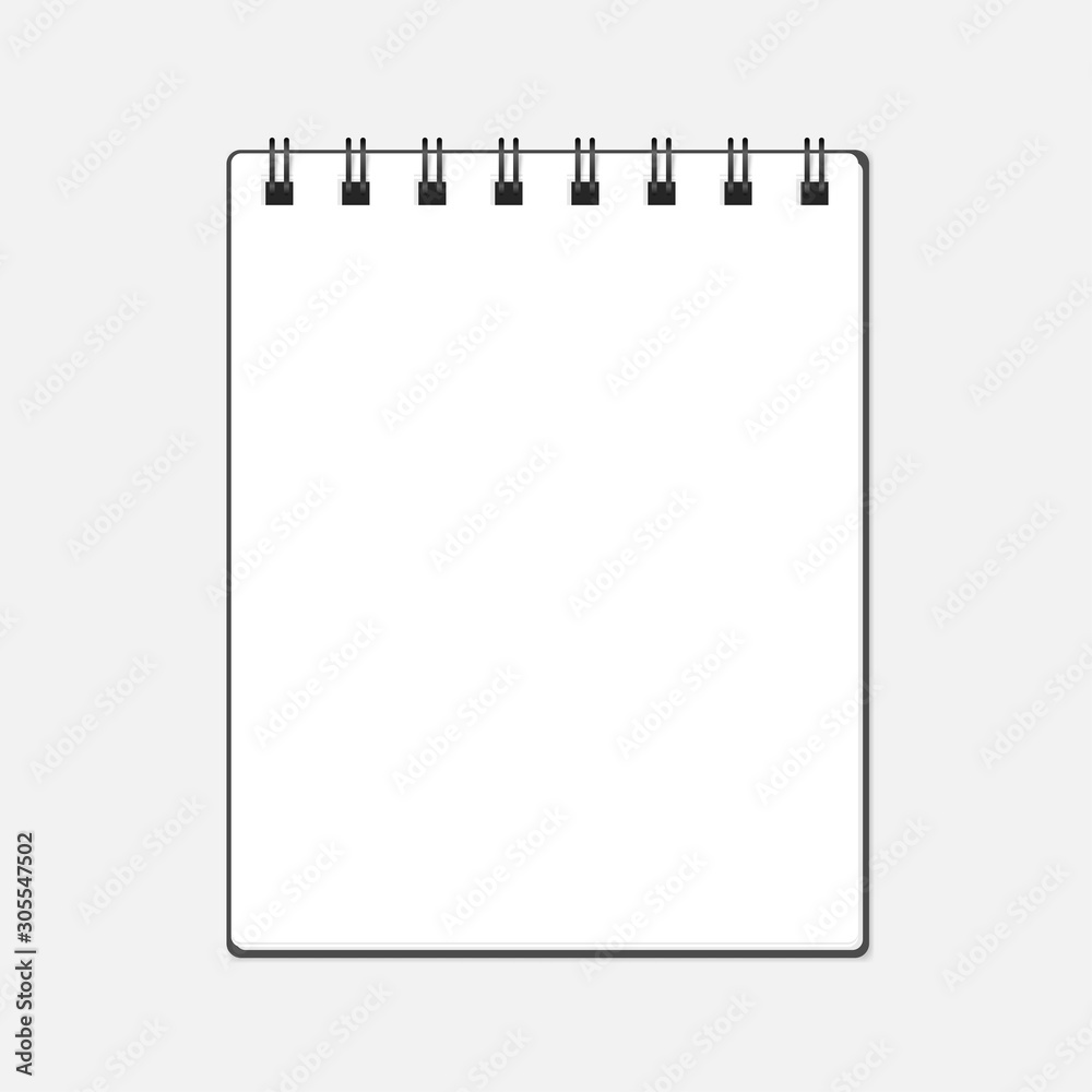 Vector illustration of open spiral block note with cover. Empty page with copy space isolated on white. Dark metal rings binder. Blank notebook can be used as a mock up, background or template. Eps 10 Vector illustration of open spiral block note with cover. Empty page with copy space isolated on white. Dark metal rings binder. Blank notebook can be used as a mock up, background or template. Eps 10