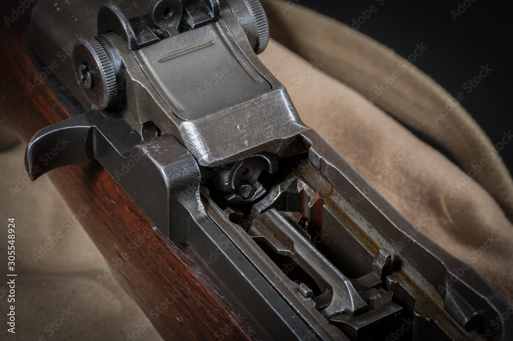 M1 Garand rifle showing open bolt and follower assembly Stock Photo