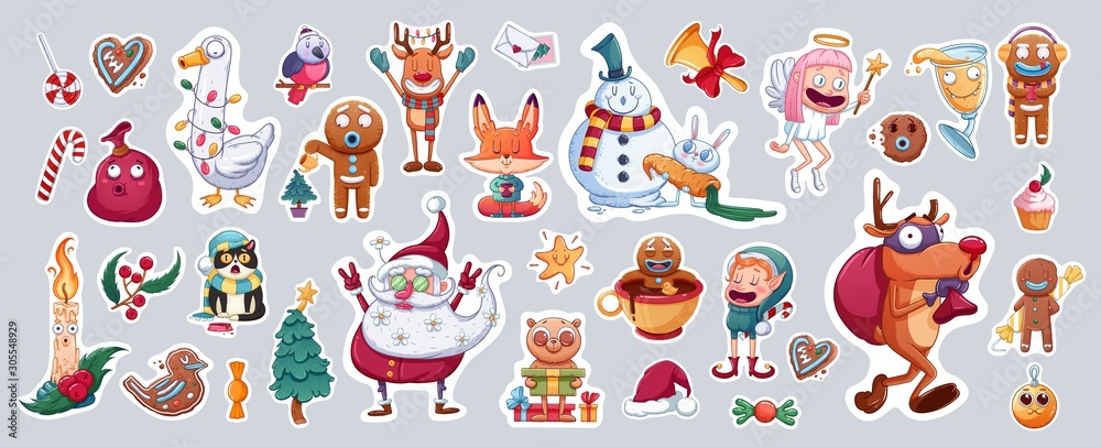 Set of Merry Christmas and Happy New Year stickers or magnets. Festive souvenirs. - obrazy, fototapety, plakaty 