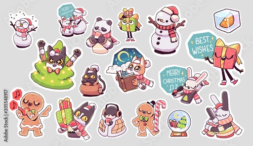 Set of Merry Christmas and Happy New Year stickers or magnets. Festive souvenirs.