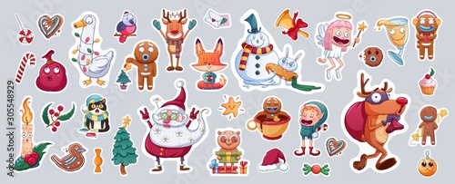 Set of Merry Christmas and Happy New Year stickers or magnets. Festive souvenirs.
