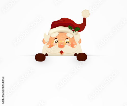 Happy smiling Santa Claus standing behind a blank sign, showing on big blank sign. Cartoon Santa Claus character with white copy space. Santa clause. vector illustration.