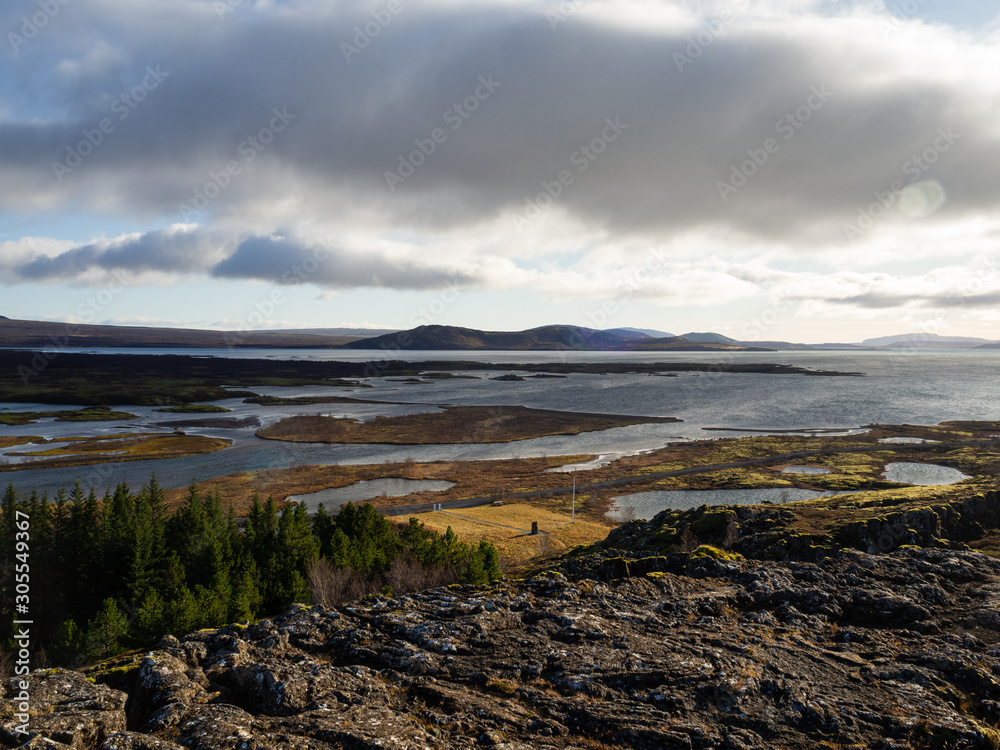 View over the Þingvallavatn, the largest natural lake in Iceland from the visitor center. Þingvellir National Park, Iceland. View over the Þingvallavatn, the largest natural lake in Iceland from the visitor center. Þingvellir National Park, Iceland.