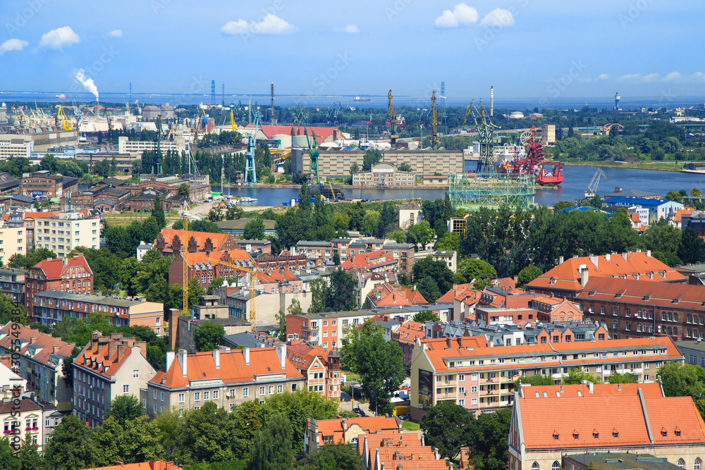 The Panorama view on Gdansk City from the TOP point. View on Docking Sea port.