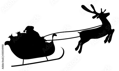 Christmas reindeers are carrying Santa Claus in a sleigh with gifts.