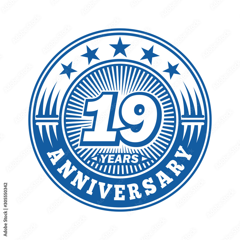 19 years logo. Nineteen years anniversary celebration logo design. Vector and illustration.