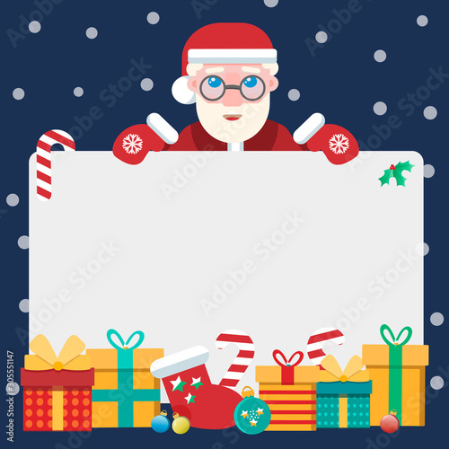 Flat illustrations with Santa and gifts. Christmas greeting card.Vector illustration for greeting card or poster.
