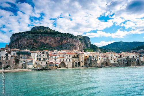 Cefalu. Ligurian Sea and old town-medieval sicilian city