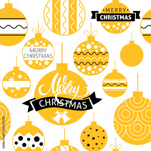 A vector christmas seamless pattern. Merry christmas lettering with ornamented balls. Christmas decoration and souvenirs in yellow and white colors. 