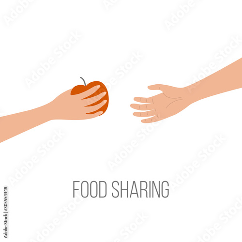Food sharing donating hunger poverty concept. Hand giving apple. Vector illustration in cartoon style