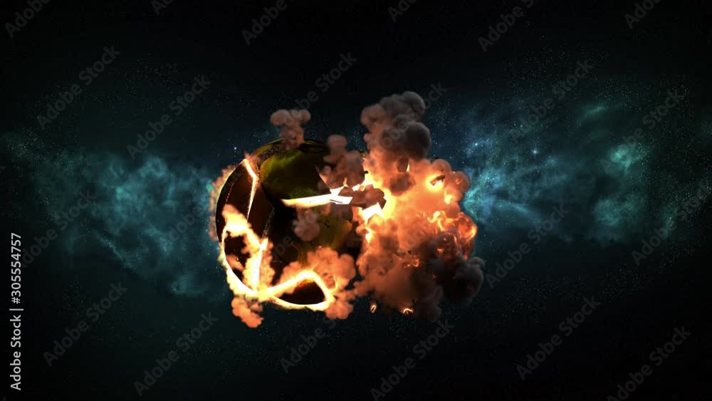 Planet Earth far shot suddenly cracks and explodes. This version is 4k and sees flaming debris flying to the right . Comes with the Alpha Matte.