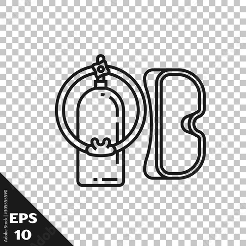 Black line Diving mask and aqualung icon isolated on transparent background. Oxygen tank for diver. Extreme sport. Sport equipment.  Vector Illustration