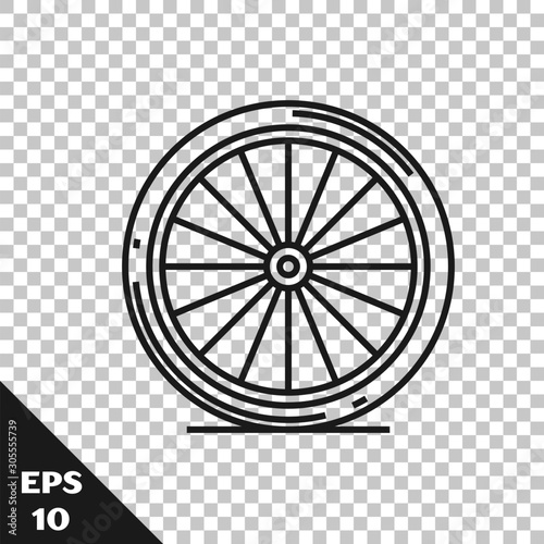 Black line Bicycle wheel icon isolated on transparent background. Bike race. Extreme sport. Sport equipment.  Vector Illustration