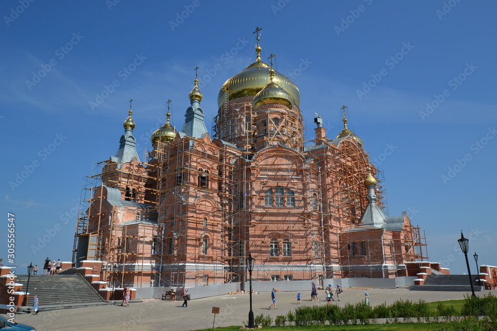 Obraz premium restored Holy Cross Cathedral of the Belogorsky monastery, close-up view from the south-west side