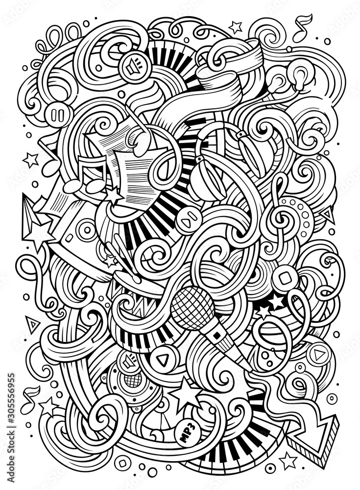 Fototapeta premium Cartoon hand-drawn doodles Musical illustration. Line art background