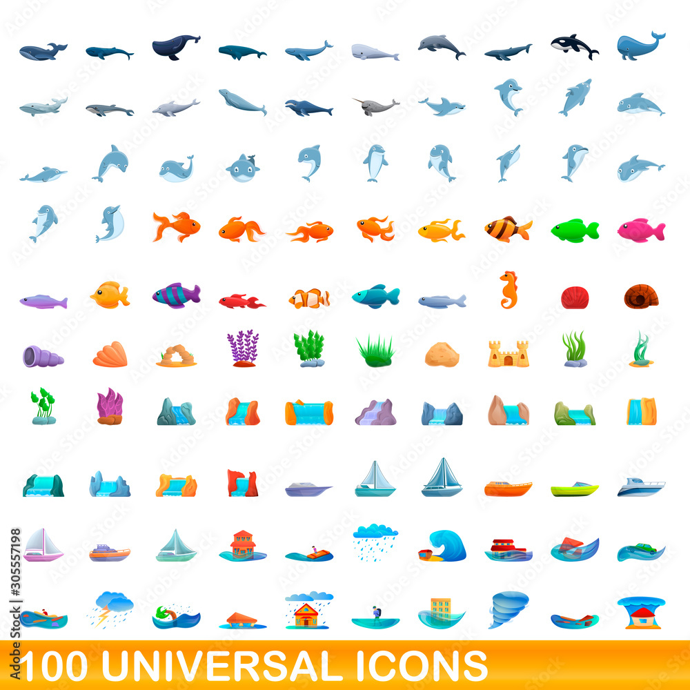 100 universal icons set. Cartoon illustration of 100 universal icons vector set isolated on white background 100 universal icons set. Cartoon illustration of 100 universal icons vector set isolated on white background