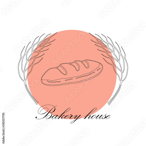 Vector drawing of bakery products drawn by hand. Cartoon image of fresh pastries and wheat ears. Emblem in the form of illustrations for signs bakery with a place for the name. Baker's family crest.4