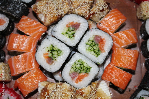 sushi laid out around