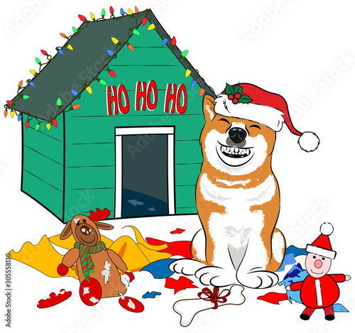 Dog, Shiba Inu, with a big smile showing all its teeth, wearing a Santa Hat, surrounded by toys and torn wrapping paper, sitting in front of a dog house with a sign "HO HO HO" 