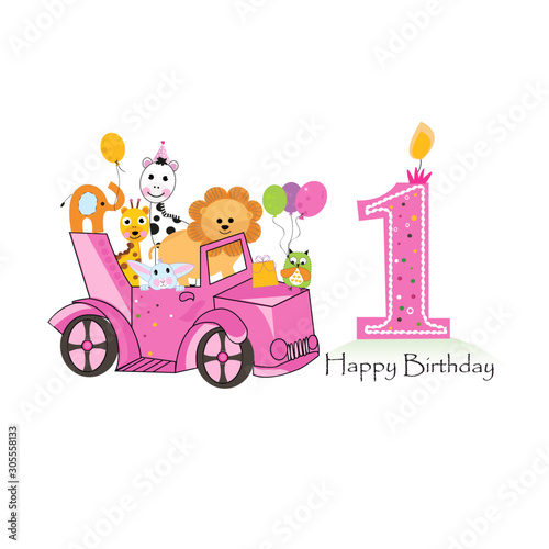 First birthday car with animals background. Pink car. Baby Girl. Birthday card