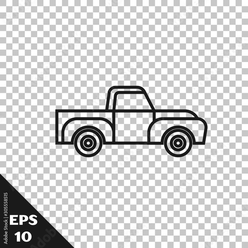 Black line Pickup truck icon isolated on transparent background. Vector Illustration