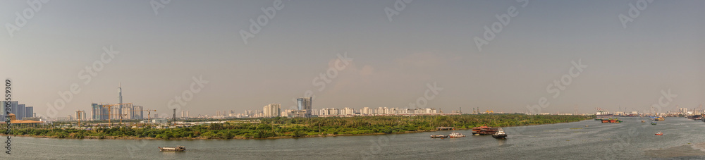 Panorama shot over Song Sai Gon river of new Ho Chi Minh City, Vietnam.