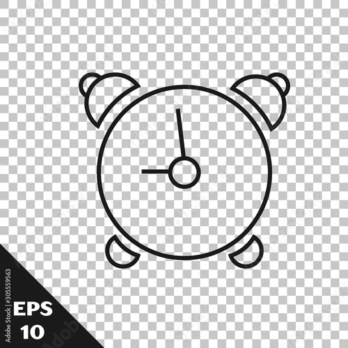Black line Alarm clock icon isolated on transparent background. Wake up, get up concept. Time sign. Vector Illustration