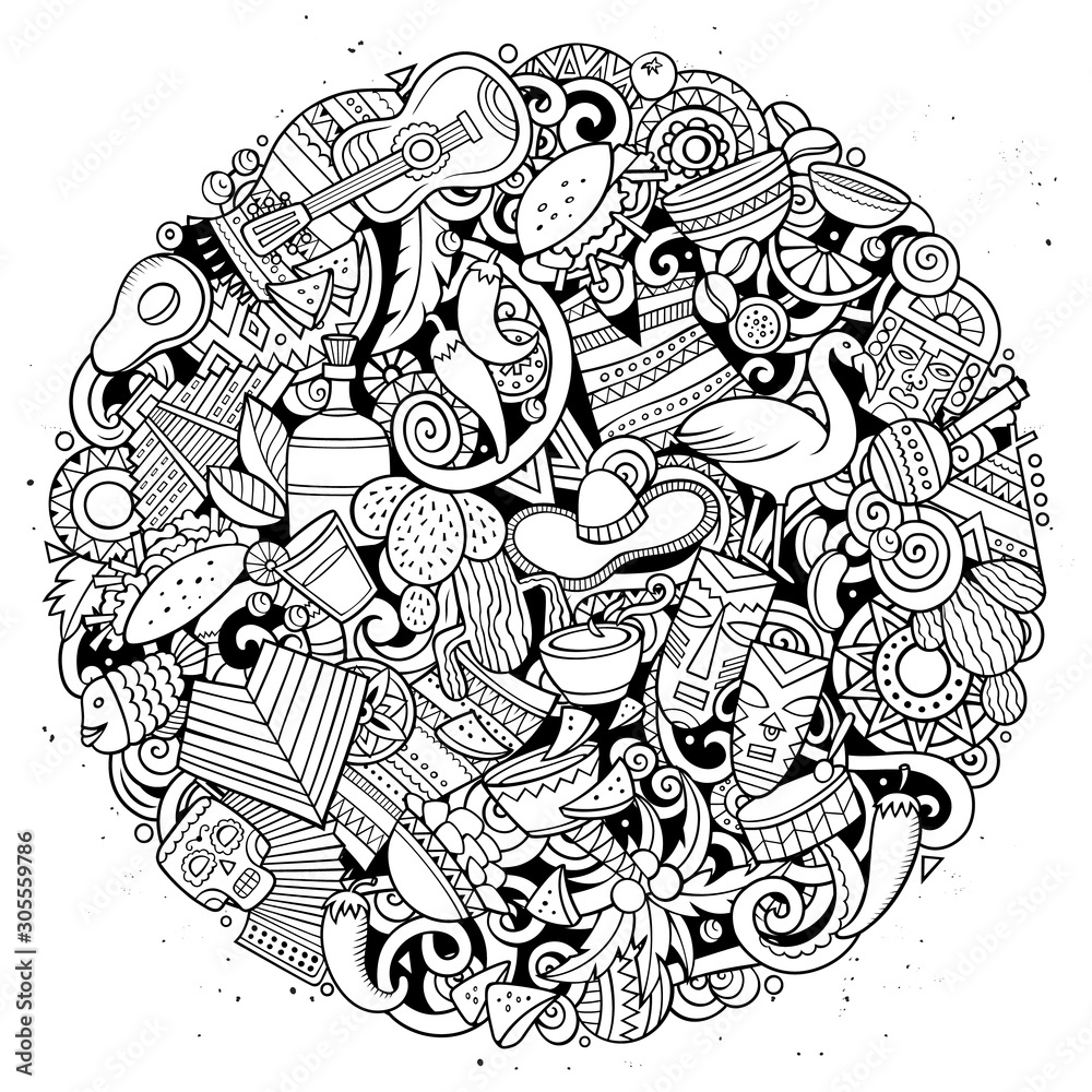 Cartoon round doodles Latin America illustration