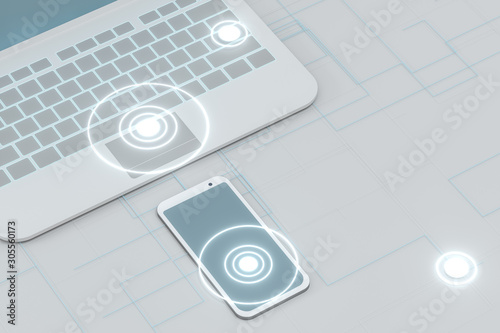 Laptop and phone with white background, technological concept, 3d rendering.