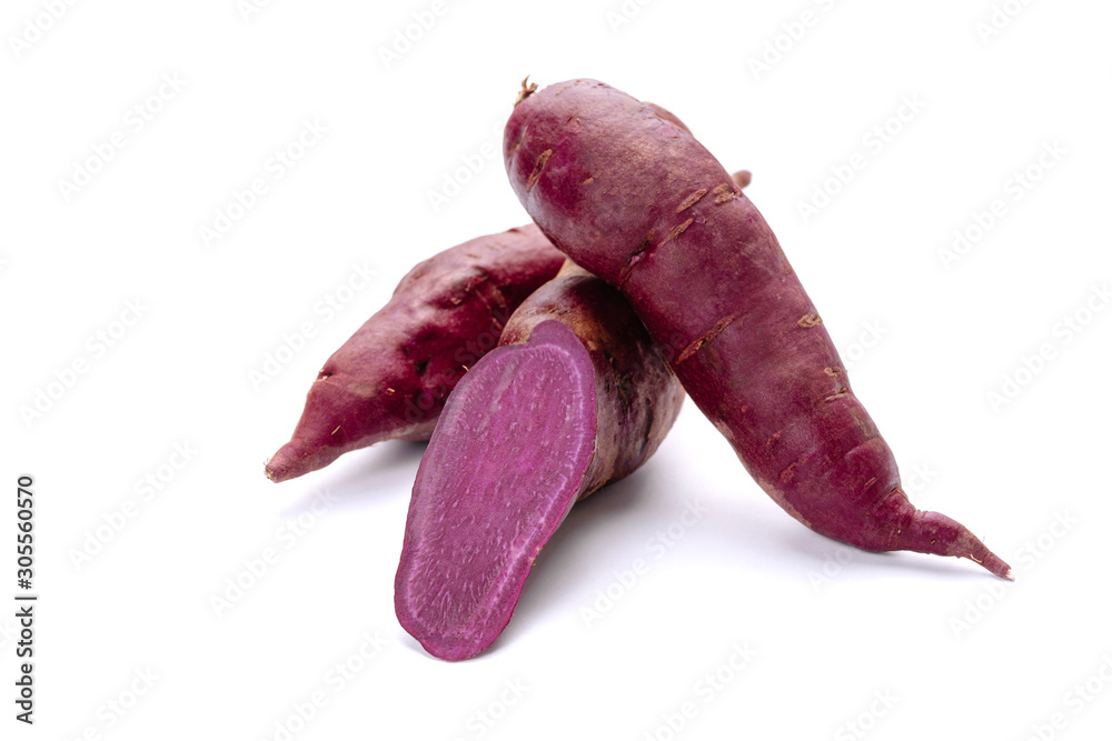 Purple Sweet Potato Pile of Tuber Pieces Isolated on White Background. Organic Batata with Violet Colored Soft Flesh Clipping Path. Natural Vegetable Yam Rich Flavour for Vegan Dietary Purple Sweet Potato Pile of Tuber Pieces Isolated on White Background. Organic Batata with Violet Colored Soft Flesh Clipping Path. Natural Vegetable Yam Rich Flavour for Vegan Dietary