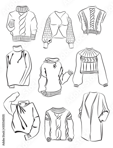 Contours of oversize sweaters for women, modern, different models, isolated on white background.