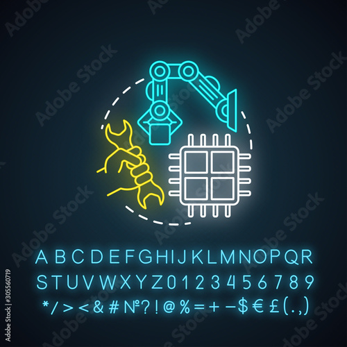 Industrial robotics neon light concept icon. Building technology idea. Types of robots, classification. Computer machine constructing. Glowing sign with alphabet,. Vector isolated illustration