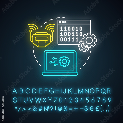 Robot control neon light concept icon. Robotics system idea. Software and binary code. Information technology, programming. Glowing sign with alphabet, numbers, symbols. Vector isolated illustration