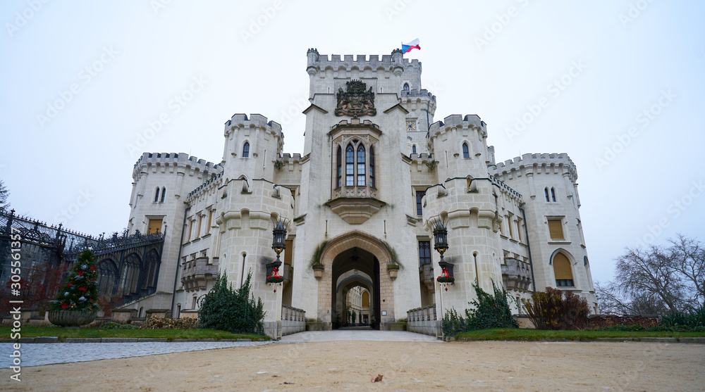 Fototapeta premium HLUBOKA NAD VLTAVOU,CZECH REPUBLIC - November 24,2019 - Romantic white chateau Hluboka nad Vltavou